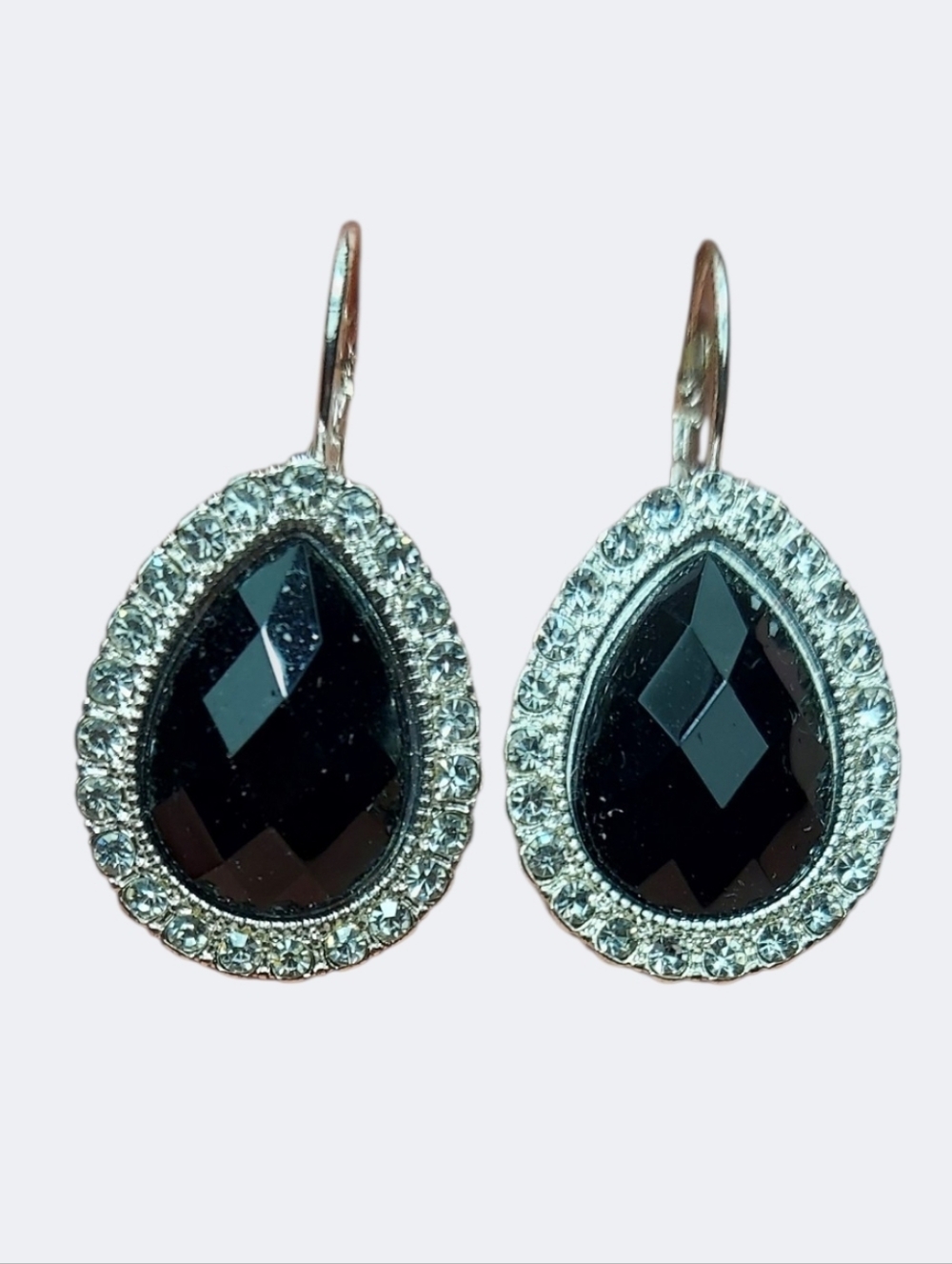 NWT Nadine West Black Teardrop Crystal Earrings with Clear Accent Stones 1"